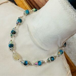 Handcrafted blue tone art glass bead faceted crystal agate necklace